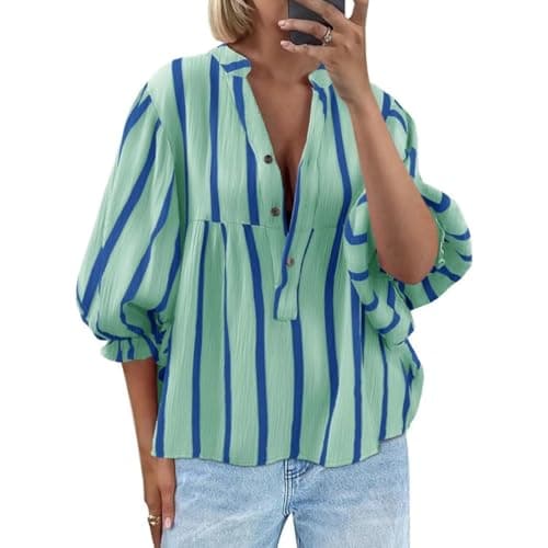 Womens Puff Sleeve Babydoll Tops Summer Casual Loose Fit V Neck Striped Button Down Shirts Cotton Cute Flowy Blouse Green