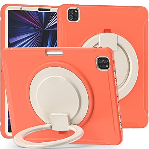 for iPad Pro 12.9 2021 5th Generation Kids Case, 360° Rotatable Handle Stand Case Heavy Duty 3-Layer Hybrid TPU Full-Body Shockproof Case,Orange