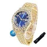 Halukakah Diamonds Gold Watch Iced Out for Boy Teens Kids - 18K Real Gold Plated,42mm Blue Dial,Japanese Quartz - 8" Length Adjustable Wristband,with Watch Adjuster Tool - for Birthday,Parties