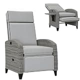 Calivox Patio Recliner Chair, Gray Outdoor Reclining Lounge Chair with Cushions, Adjustable Footrest, Armrests and Tray Table, Garden Porch Poolside Deck Relaxation Seat