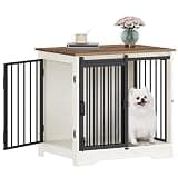 Hzuaneri 27.2" Dog Crate Furniture with Barn Door, Heavy Duty Dog Kennel Indoor with 2 Doors, Wooden Pet Cage End Table for Small Medium Dogs up to 22 lb, Anti-Chew Anti-Escape, White Brown DFC84314B