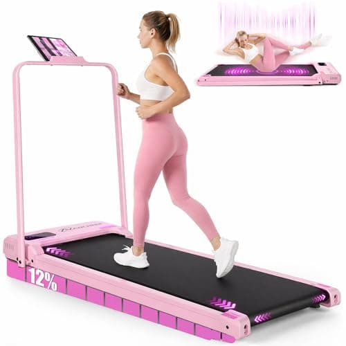 Compact Portable Foldable Treadmills for Home Small Spaces & Office - Pink Under Desk 2.5HP Walking Pad with Incline and Vibration Plate, Remote Control & LED Display