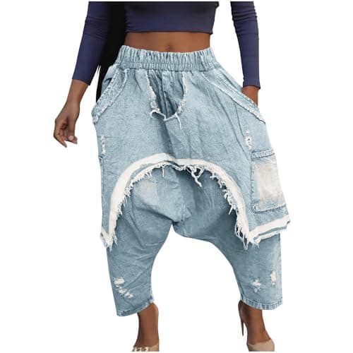 Jeans for Women Trendy Harem Denim Jeans Ripped Distressed Detail Loose Wide Leg Street Style Elastic Waist Light Blue