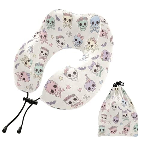 Cute Skulls Hearts White Print Travel Neck Pillow for Sleeping Airplane Memory Foam Neck Support Pillow with Storage Bag Sleeper Hold Pillow for Adults Kids Long Flight Car Train Bus Home Office