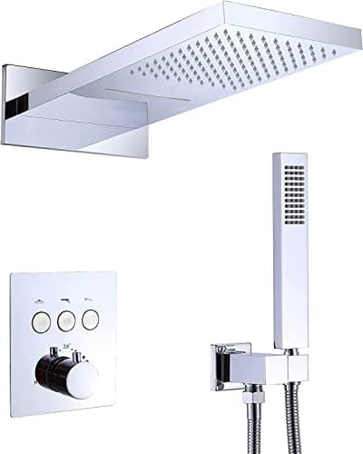 GAOFEMZ Luxury Wall Mounted Shower with Thermostatic Push Button Valve 20x11 Inch Rectangular Dual Function Rainfall & Handheld Sprayer Chrome Finish