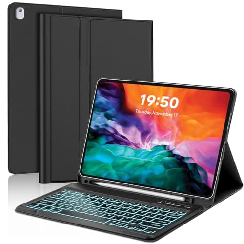 YUNPLE for iPad Pro 12.9 inch Detachable Keyboard Case - 7 Color Backlit Rechargeable Smart Folio Cover with Pencil Holder for 1st & 2nd Generation (2015/2017), Bluetooth Typing for Work and Study
