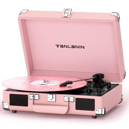 Pink Suitcase Record Player with Built-in Speakers, Portable Vinyl Turntable 3-Speed Belt-Drive, Bluetooth & USB Vinyl-to-MP3 Recording, Pastel Aesthetic Turntable Gift for Women Girls