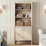 WAMPAT 3-Tier Open Bookcase with Adjustable Shelf Door Cabinet,Natural