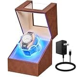 ANWBROAD Watch Winder for Automatic Watches, Quiet Motor Flexible Watch Pillows, 4 Modes Automatic Watch Winder box, Rotating Watch Case with Battery or Type-C Adapter Brown UJWW006Z