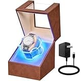 ANWBROAD Watch Winder for Automatic Watches, Quiet Motor Flexible Watch Pillows, 4 Modes Automatic Watch Winder box, Rotating Watch Case with Battery or Type-C Adapter Brown UJWW006Z
