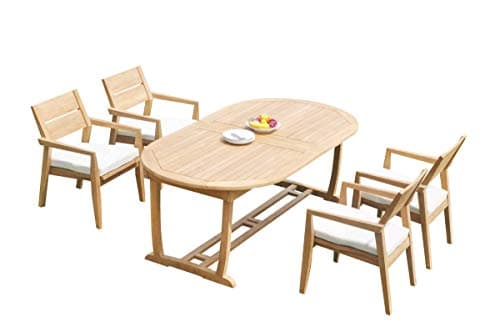 TeakStation 4 Seater Grade-A Teak Wood 5 Pc Dining Set: 118" Double Extension Mas Oval Trestle Leg Table and 4 Vellore Stacking Arm Chairs #31VL2705