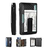 Mckkymi Men's Wallet - Pop Up Case, Cash Slot, with 12 Capacity Credit Card Wallet - Slim Minimalist Aluminum Front Pocket Wallet with RFID Blocking/ID Window (Carbon Fiber)