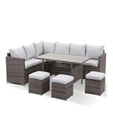 7 Piece Wicker Outdoor Dining Set, 9-Seat Outdoor Sectional Gray Cushions Sofa with Ottomans & Dining Table for Porch Backyard Garden