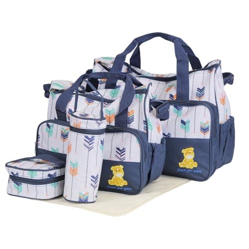5-Piece Baby Diaper Bag Set, Mummy Nappy Handbag with Changing Mat, Bottle Holder, and Accessories Pouch (Navy)