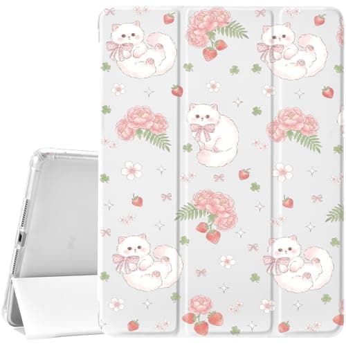 JOYLAND Cute Cat Flowers Case for iPad A16 11th Generation Case 11 Inch 2025/iPad 10th Gen 2022 10.9 inch with Pencil Holder,Trifold Stand Protective Cover with Soft TPU Back,White