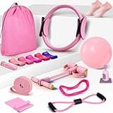 Pilates Essentials Kit for Women 15 Pcs Pilates Equipment for Home Workouts with Yoga Circle Ball Ring, 5 Resistance Bands,Pedal Puller Resistance Band,Anti Slip Socks for Starter Set,Pink