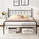 DUMOS Full Size Bed Frame Heavy Duty Metal Platform with 11.9" Under-Bed Storage, Heavy Duty Steel Slat Support with Iron-Art Headboard, No Box Spring Needed, Noise-Free, Modern Black