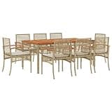 WDSAYREH 9 Piece Patio Dining Set with Cushions, Beige Poly Rattan Outdoor Dining Set with Acacia Wood Table and Powder-Coated Steel Frame