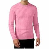 CMELTANM Men's Cable Knit Crew Neck Sweater Long Sleeve Pullover Tops for Fall Winter Pink