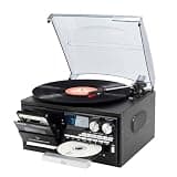 Vintage 9 in 1 Bluetooth Record Player for Relaxing Home Audio, 3 Speed Classic Turntable with CD Cassette USB SD AM FM Radio, Built in Stereo Speakers, RCA Output and Remote Control