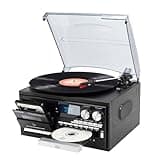 9 in 1 Vintage Bluetooth Record Player with Built-in Stereo Speakers, 3-Speed Turntable, AM/FM Radio, CD & Cassette Player, USB/SD Playback, Remote Control, Aux in, RCA Out & Headphone Jack