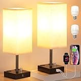 aooshine Fully Dimmable Nightstand Lamps Set of 2 - Table Bedside Lamp with USB C+A Charging Ports & 2 AC Outlets, Square Lamp Sets Linen Fabric Shade for Bedroom Living Room(Bulb Included)
