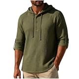 Lmdudan Men's Linen Hooded Henley Shirt Roll Tab Long Sleeve Button Front Sweatshirt Casual Lightweight Vacation Outfits Army Green