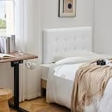 SUAWY Linen Stitched Tufted Headboard Twin Size, Wood Twin Headboard Only, Adjustable Height 37.2-46 Inches, Bed Frame or Wall Mount, Stable Non-Slip Support, Padded Bedroom Headboard,White