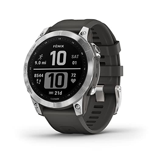 Garmin 010-02540-00 fenix 7, adventure smartwatch, rugged outdoor watch with GPS, touchscreen, health and wellness features, silver with graphite band (Renewed)