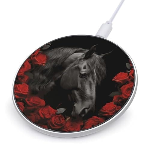 Black Horse on A Background of Roses Wireless Charger Portable Fast Charging Pad Lightweight Wireless Charging Pad 10W Slim Charging Station for Phone Charger Mat for Travel Home Office Desk