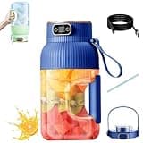 Portable Wireless Juicer Cup, 40 oz Cordless Personal Smoothie Blender for Protein Shakes and Fruit Drinks, USB-C Rechargeable Blender Cup with Dual Lids and Digital Display for Gym, Office (Blue)