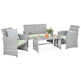 Best Choice Products 4-Piece Outdoor Wicker Patio Conversation Furniture Set for Backyard w/Coffee Table, Seat Cushions - Gray/Light Mint