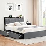 Festisoul Full Size Bed Frame with 4 Drawers Wooden Slats Support Bed Frame with Storage Headboard, Charging Station, No Box Spring Needed