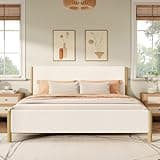 FammyLoft Queen Size Bed Frame, Elegant Boucle Bed Frame with Rubberwood Legs, Modern Upholstered Platform Bed Frame with Headboard and Footboard, 800 lb Capacity, No Box Spring Needed, White+Nature
