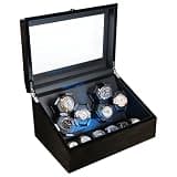 JuviPerpric Watch Winder for Automatic Watches, 6 Automatic Watches with 6 Storages, Blue Backlight and Foam Pad, 4 Rotation Modes Rotating Watch Box (Wood)