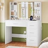 FIONESO Vanity Desk with Mirror and Lights, Makeup Vanity with Power Outlet and 4 Drawers & 6 Shelves & 5 Hooks, 3 Color Modes & Adjustable Brightness, White Vanity for Bedroom