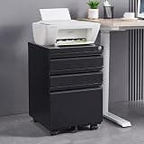 3-Drawer Mobile File Cabinet, Black, Steel, with Lock, Rolling Pedestal, 15.35" x 17.71" x 23.62