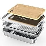 Geesta Grilling Prep and Serve Tays, Stainless Steel Large Capacity Food Prep Tray, Grill Carry System, Marinade Container with Lid and Cutting Board,BBQ Grill Accessories, Grilling Gifts for Men