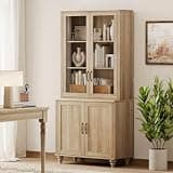 WAMPAT 72" Tall Bookcase with Glass Doors & Adjustable Shelves, Large Farmhouse Display Book Shelf with Storage Cabinet, Library Wood Bookshelves for Living Room,Kitchen, Oak