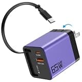 65W GaN USB C Charger 3-Port with Retractable 0.7m Cable(Purple)