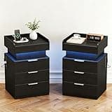 Turosur Night Stand Set 2 with Gun Drawer, LED Nightstand with Charging Station and Hidden Storage, Black Bedside Table with 3 Drawers, Wood Nightstands for Bedroom, Modern