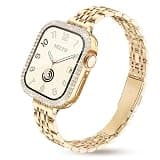 Melyis Slim Metal Band with Bling Case Fits Apple Watch Bands for Women 40mm, Stainless Steel iWatch Bands Women, Thin Band for Apple Watch with Diamond Screen Protector Series SE 6 5 4, Gold