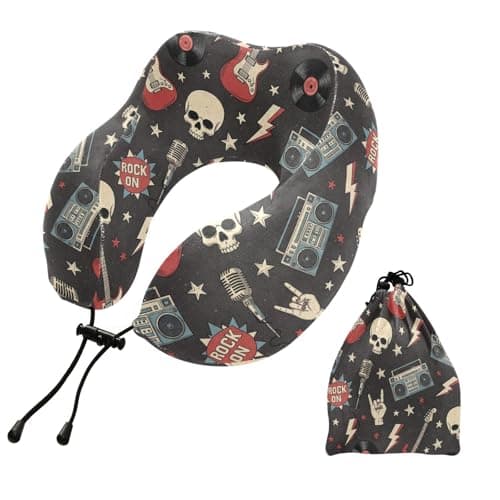 Rock Skull Guitar Black Print Travel Neck Pillow for Sleeping Airplane Memory Foam Neck Support Pillow with Storage Bag Sleeper Hold Pillow for Adults Kids Long Flight Car Train Bus Home Office