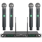 Phenyx Pro Wireless Microphone System, 4-Channel UHF Wireless Mic, Fixed Frequency Metal Cordless Mic with 4 Handheld Dynamic Microphones, 260ft Range, Mics for Singing, Church(PTU-5000-4H)