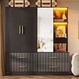 PAKASEPT 3 Door Armoire Wardrobe Closet, 70.87" H Bedroom Armoires with Drawers, Mirror, LED Light, Hanging Rod, Side Hooks, Large Capacity Storage Wardrobe Armoire for Bedroom (Black)