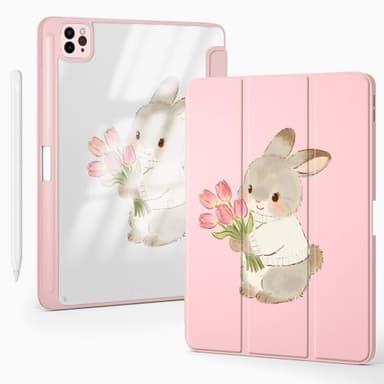 BlHMCASE Cute Kawaii Bunny for iPad mini 7 A17 Pro 2024/iPad Mini 6 Case with Pencil Holder, Auto Sleep/Wake, Pink Leather Clear Acrylic Back Cover