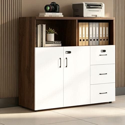 HSHBDDM File Cabinet with Password Lock, Wood Lateral Filing Cabinet for Letter/A4 Files, 3 Drawer with Door, Printer Stand with Open Shelves for Home Office