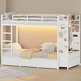 Twin Over Twin Bunk Bed with Charging Station and 9 Drawers, Metal Bed Frame with LED Lights, Hanging Rod, and Pegboard Storage, Space Saving Bunk Beds with Storage No Box Spring Needed, White