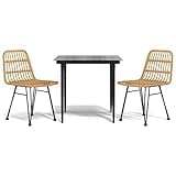 Kaorsrow 3 Piece Patio Dining Set, PE Rattan Bistro Set with Square Tempered Glass Table and 2 Dining Chairs, Outdoor Furniture for Porch Backyard Balcony and Small Spaces, Black
