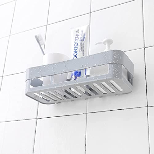 Phefop Adhesive Bathroom Shelf, No Drill Wall Mount Storage Organizer, Quick Drain Design, Removable for Toothbrush, Soap Cup, Ideal for Shower or Sink (Grey)
